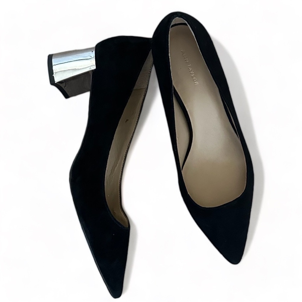 Ann Taylor black suede Metallic silver block heel pump women’s size 7.5